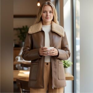 NWT JASON WU Faux Shearling Collar Faux Leather Coat Brown / Tan